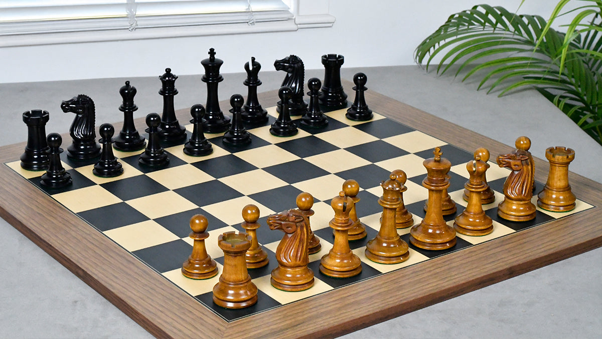 Combo Of Circa 1887 Turner Teich Soviet-Staunton Style Weighted 4" Chess Pieces in Ebony & Antiqued Boxwood With Wooden Deluxe Black Dyed Poplar & Sycamore with Matte Finish Chess Board