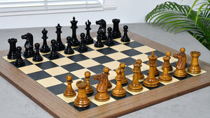 Combo Of Circa 1887 Turner Teich Soviet-Staunton Style Weighted 4" Chess Pieces in Ebony & Antiqued Boxwood With Wooden Deluxe Black Dyed Poplar & Sycamore with Matte Finish Chess Board
