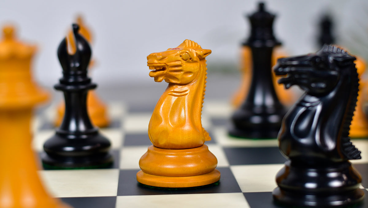 4.5" King - 1849 Original Staunton Pattern Triple Weighted Wooden Chess Pieces in Genuine Ebony & Antiqued Boxwood w/ King Side Stamping