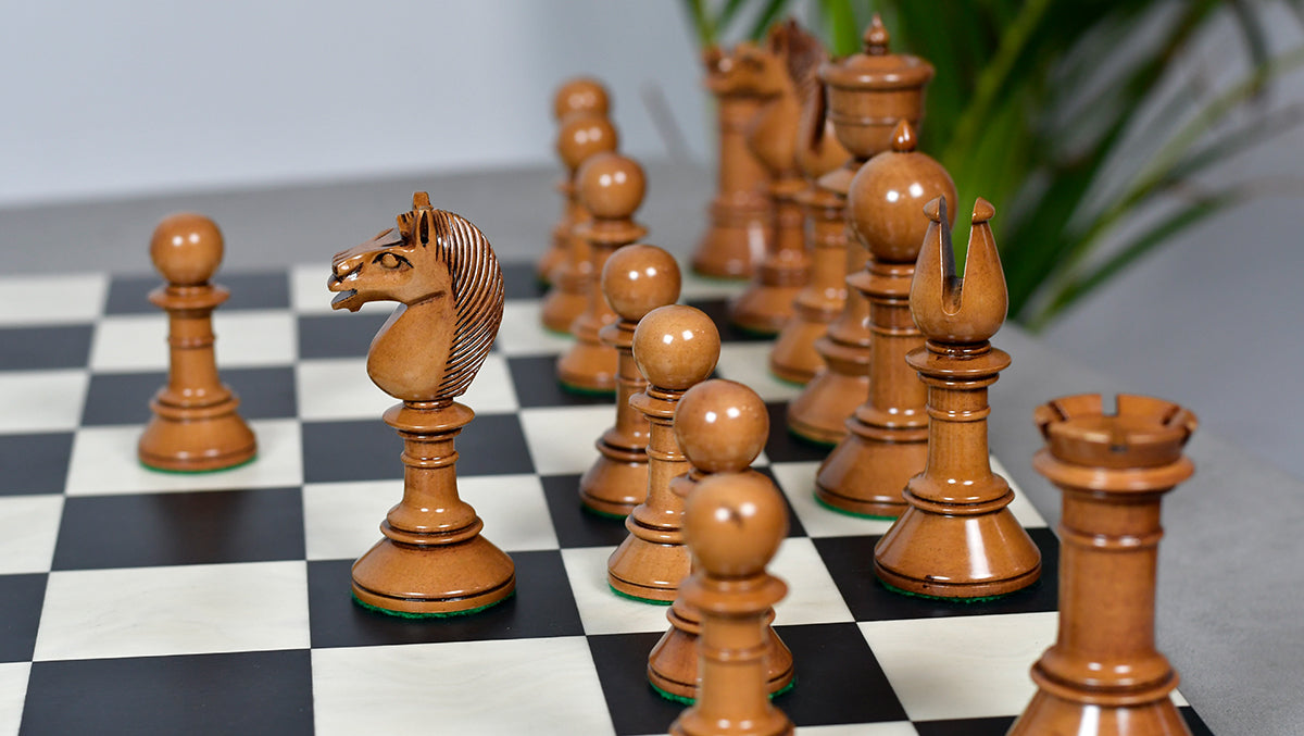 Exclusive Repro Old Antique Edinburgh Upright Chess Pieces in Distressed Boxwood and Ebonized Wood - 4.4" King with Extra Queens