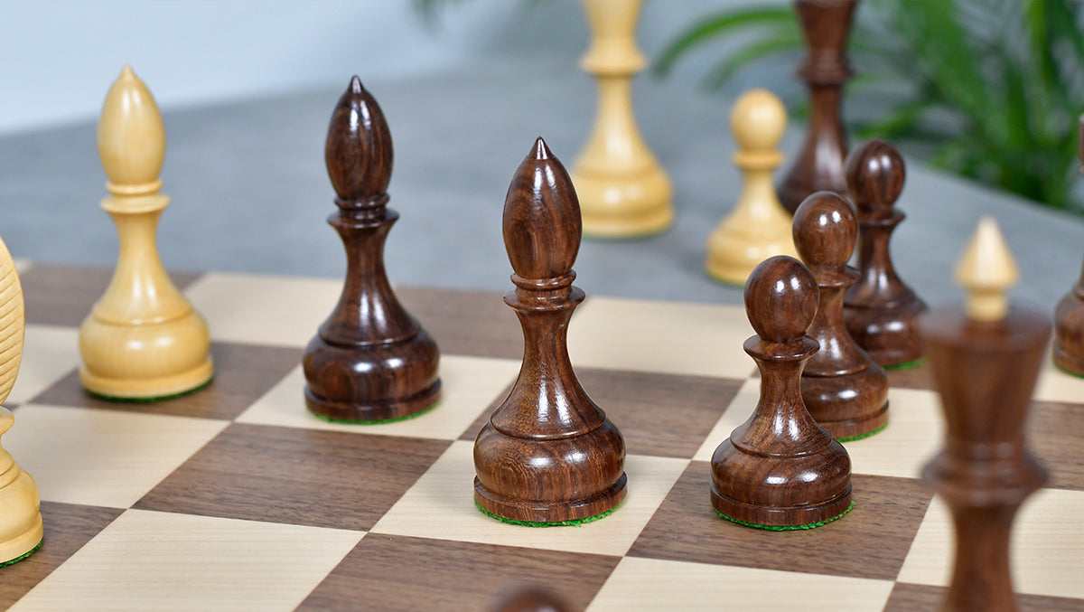 Combo Of Circa 1930s "Leningrad Schoolboy" Soviet Chess Pieces 4.2 inch King in Sheesham & Boxwood - 1530 Grams With Minimalist Walnut Maple Wooden Chess Board Matte Finish