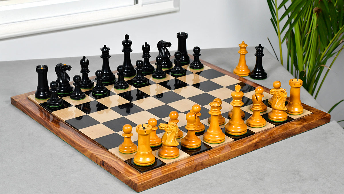 Richard Whitty Antique Chess Pieces with King Side Stamping in Ebony / Antiqued Box wood - 3.75" King