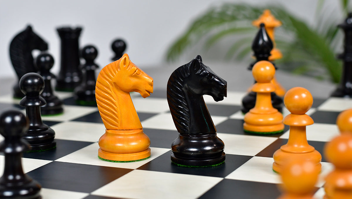 19th Century Antique Austrian Series Chess Pieces in Ebonized Boxwood & Antiqued Boxwood - 4.27" King - Colllector Chess