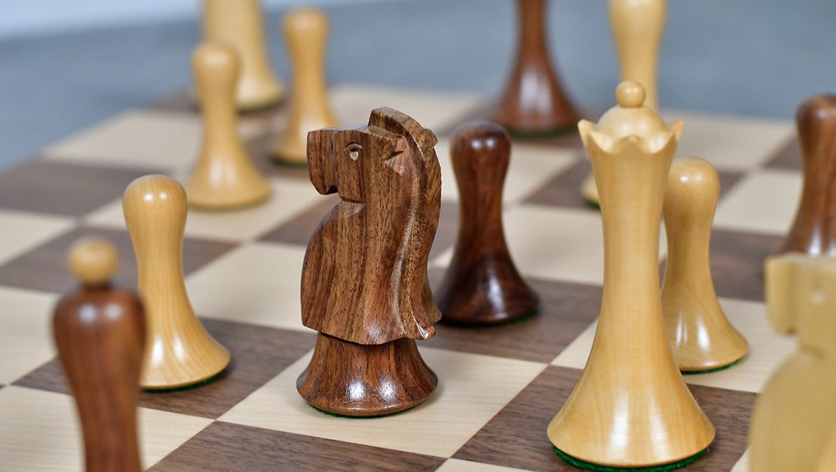 Combo Of Minimalist Soviet-Style Chess Pieces In Sheesham & Boxwood - 3.7” King With Minimalist Walnut Maple Wooden Chess Board Matte Finish