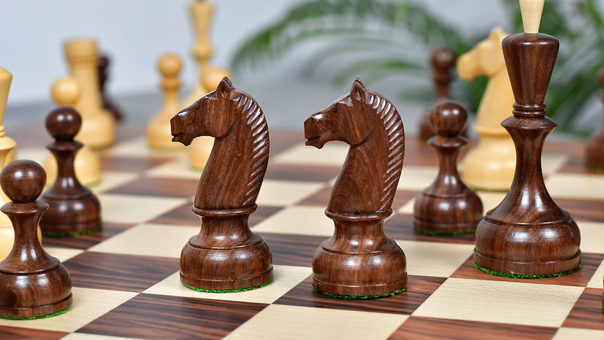 The Soviet Era 1950s' Botvinnik Tournament Weighted Chess Pieces in Sheesham & Boxwood 4.4 inch King - With Santos Palisander pr & Sycamore Chess Board
