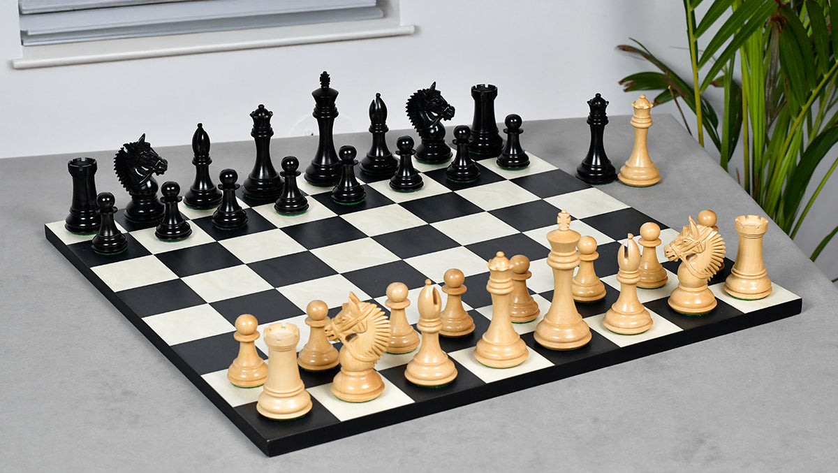 The American Bridle Triple-Weighted Chess Pieces with Extra Queen - Handcrafted in Ebony & Boxwood 4.2" King