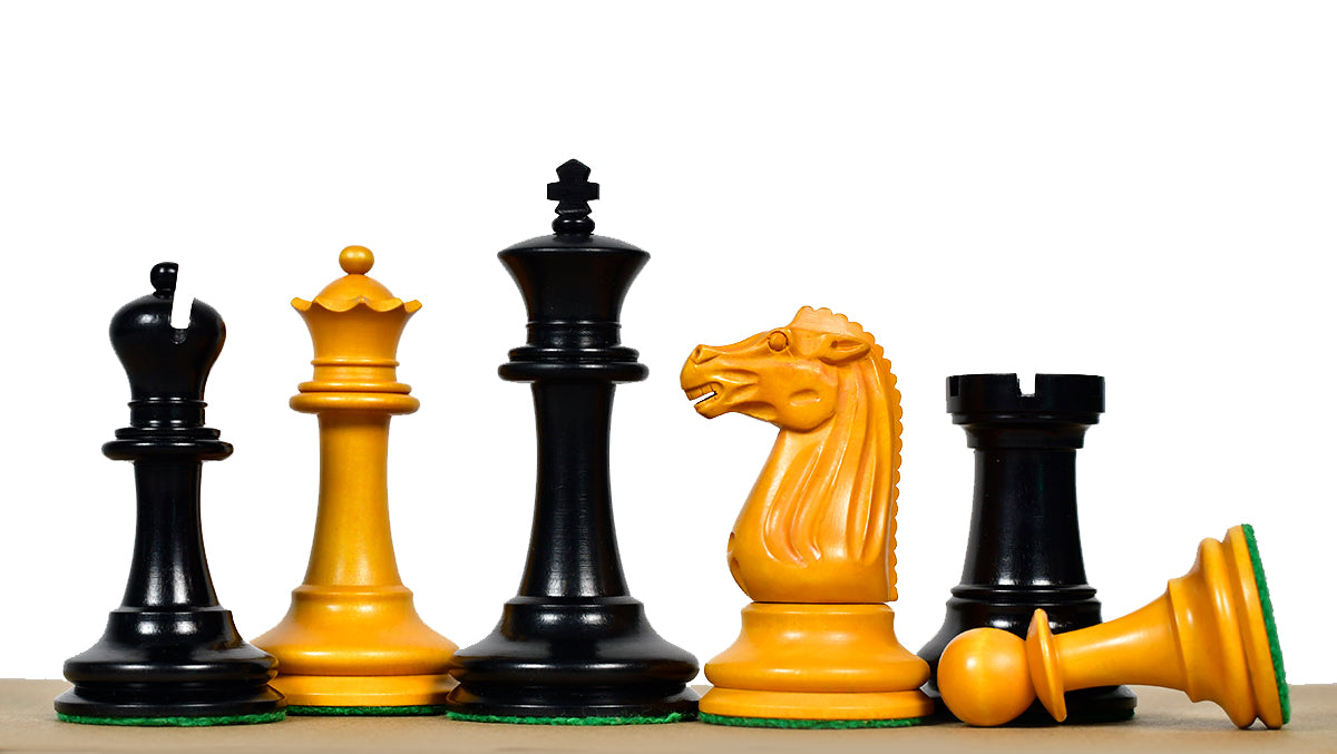 Circa 1887 Turner Teich Soviet-Staunton Style Weighted 4" Chess Pieces in Ebony & Golden Antique Boxwood - 1700 Grams Weight