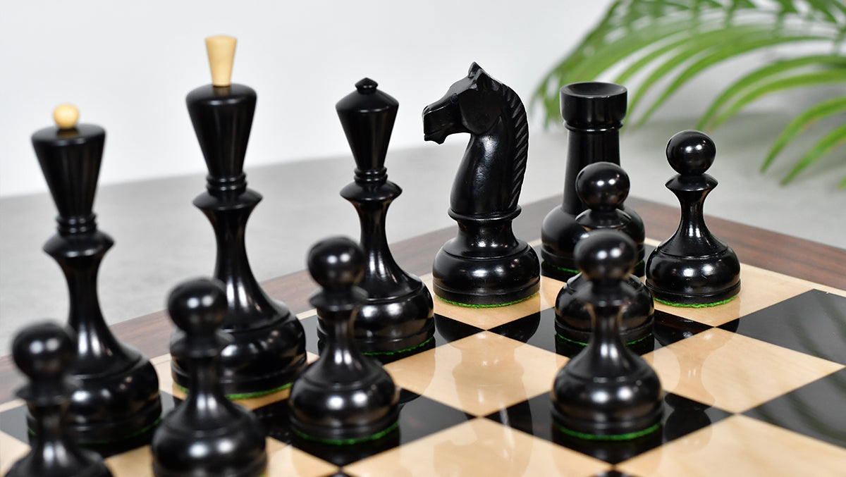 Combo Of 1950s' Botvinnik Tournament Soviet Era Chess Pieces in 4.4 inch King Ebonized Boxwood - 1480 Grams Weight With Solid Wooden Indian Chess Board in Genuine Ebony Wood & Maple Wood with Sheesham Wood Border
