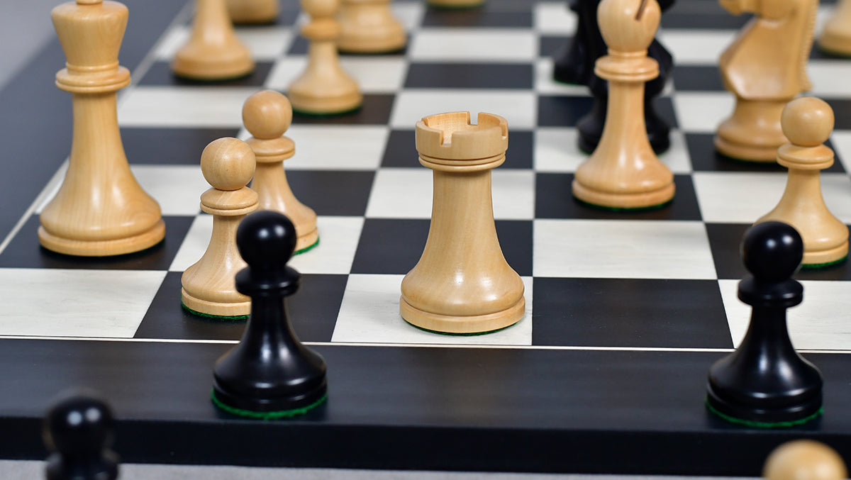 Combo Of Old Vintage English Staunton Series Chess Pieces in Ebonized Wood & Boxwood - 3.8" King With Wooden Black Anigre/ Maple Chess Board