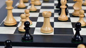 Combo Of Old Vintage English Staunton Series Chess Pieces in Ebonized Wood & Boxwood - 3.8" King With Wooden Black Anigre/ Maple Chess Board