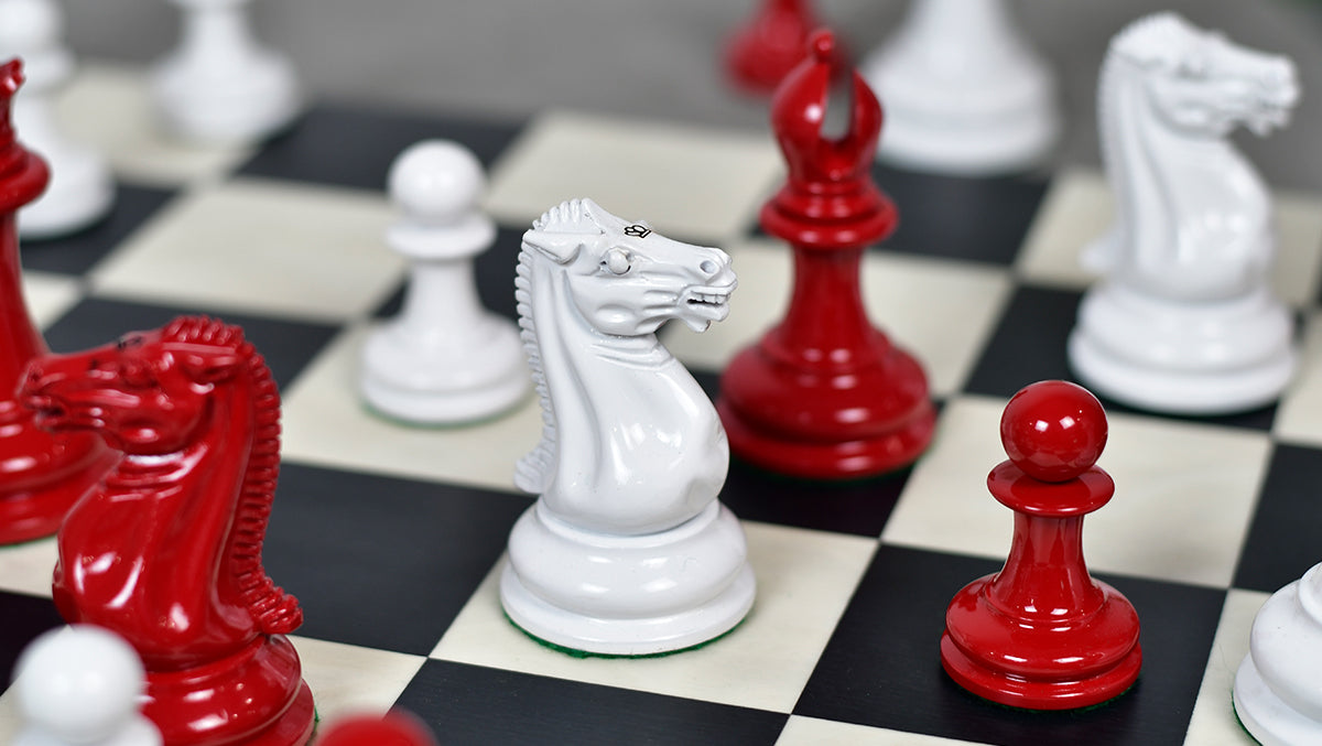 1849 Original Staunton Pattern Painted Chess Pieces (Lacquer Finished) Red Painted Crimson & Ivory White - 4.5" King