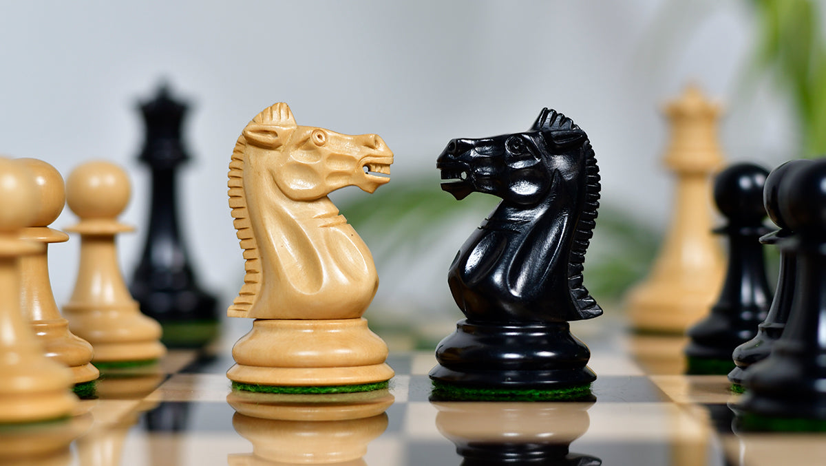 Combo Of Vintage 1915-1925 Nimzovich Staunton Chess Pieces in Ebony & Boxwood – 3.75" King With Solid Wooden Indian Chess Board in Genuine Ebony Wood & Maple Wood with Sheesham Wood Border