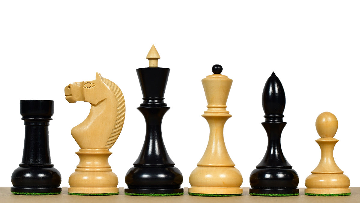 Combo Of Circa 1930s "Leningrad Schoolboy" 4.2 inch King Soviet Chess Pieces in Ebonized & Boxwood With Wooden Ebony Wood / Maple Chess Board