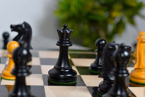 1972 Fischer Spassky Staunton Pattern Chess Pieces V2.0 in Ebonized Wood & Antique Boxwood - 3.78" King