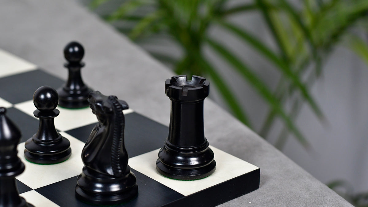 1880s-90s Circa Lasker Staunton Pattern Antique Chess Pieces in Ebony / Boxwood with King Side Stamping - 3.75" King