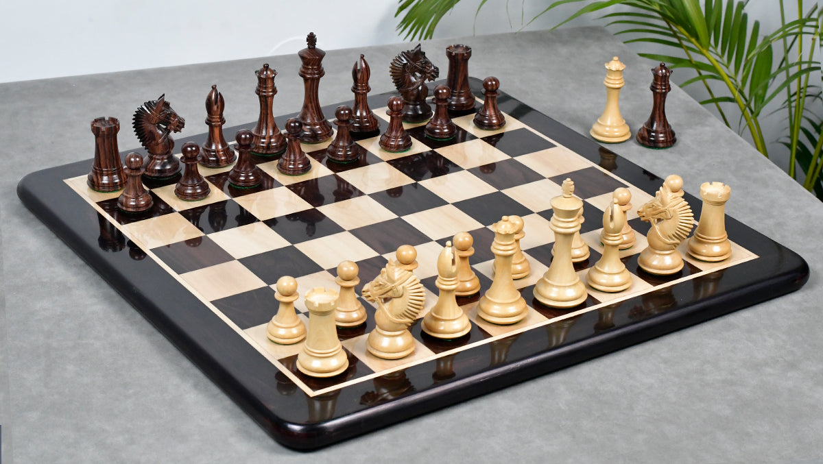 American Bridle Triple-Weighted Chess Pieces with Extra Queen - Handcrafted in Rosewood & Boxwood 4.2" King