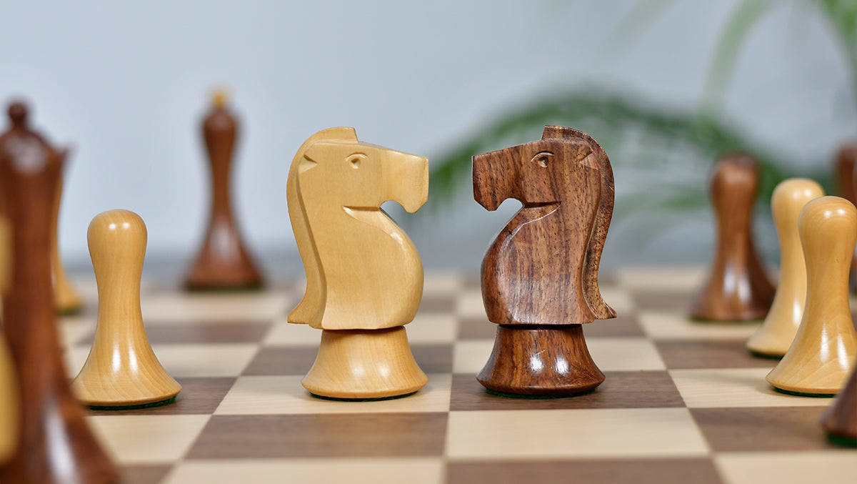 Combo Of Minimalist Soviet-Style Chess Pieces In Sheesham & Boxwood - 3.7” King With Minimalist Walnut Maple Wooden Chess Board Matte Finish