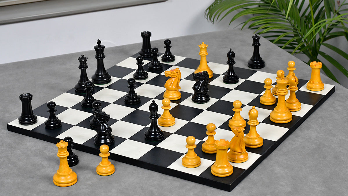 1900s' Marshall Staunton Pattern Chess Pieces in Ebony / Antiqued Boxwood with King Side Stamping - 3.75" King