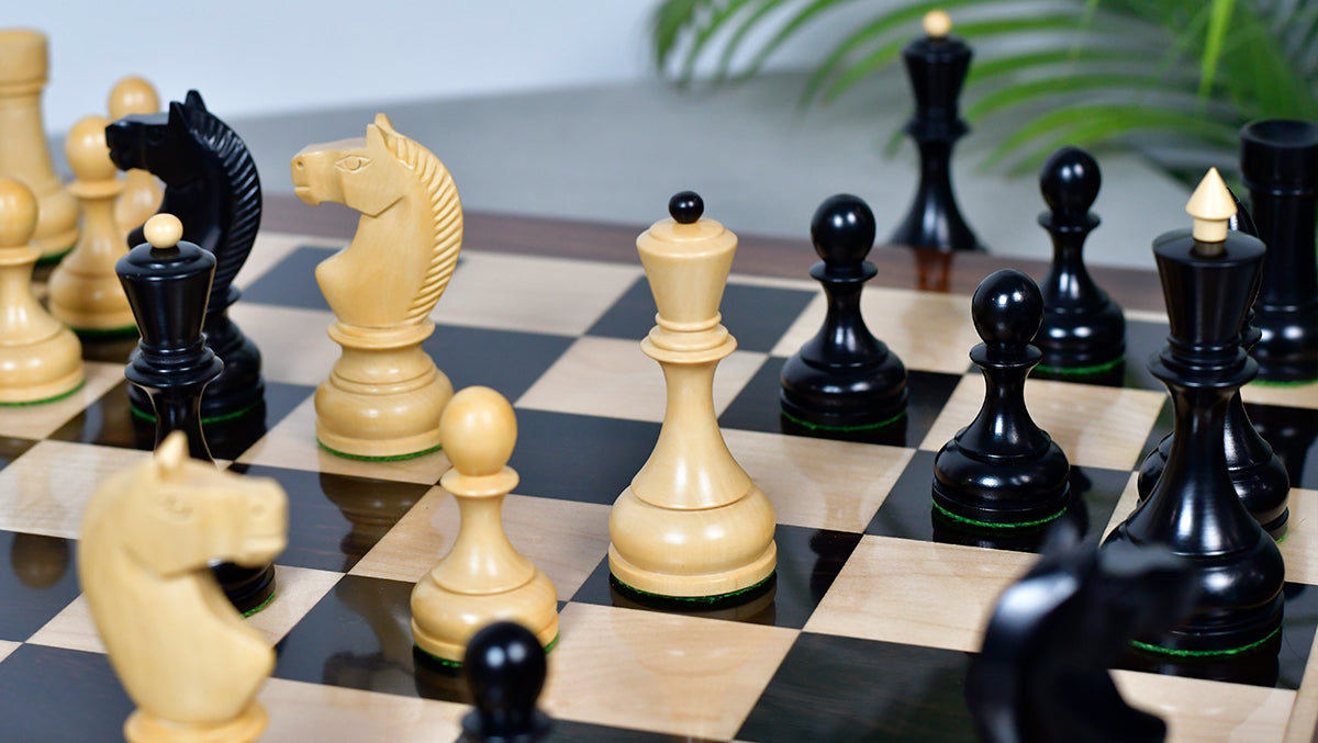 Combo Of Circa 1930s "Leningrad Schoolboy" 4.2 inch King Soviet Chess Pieces in Ebonized & Boxwood - 1530 grams With Solid Wooden Indian Chess Board in Genuine Ebony Wood & Maple Wood with Sheesham Wood Border