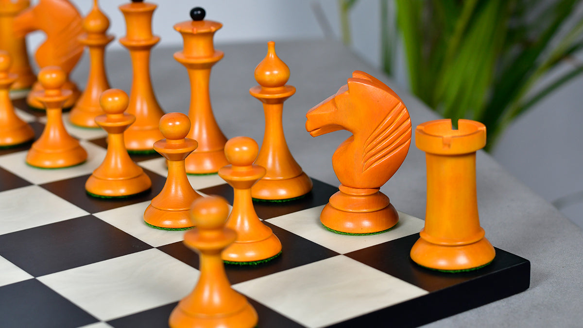 1950s' Soviet (Russian) Latvian Chess Pieces in Ebonized Boxwood / Antiqued Boxwood - 4.1" King Weight 1050 - grams