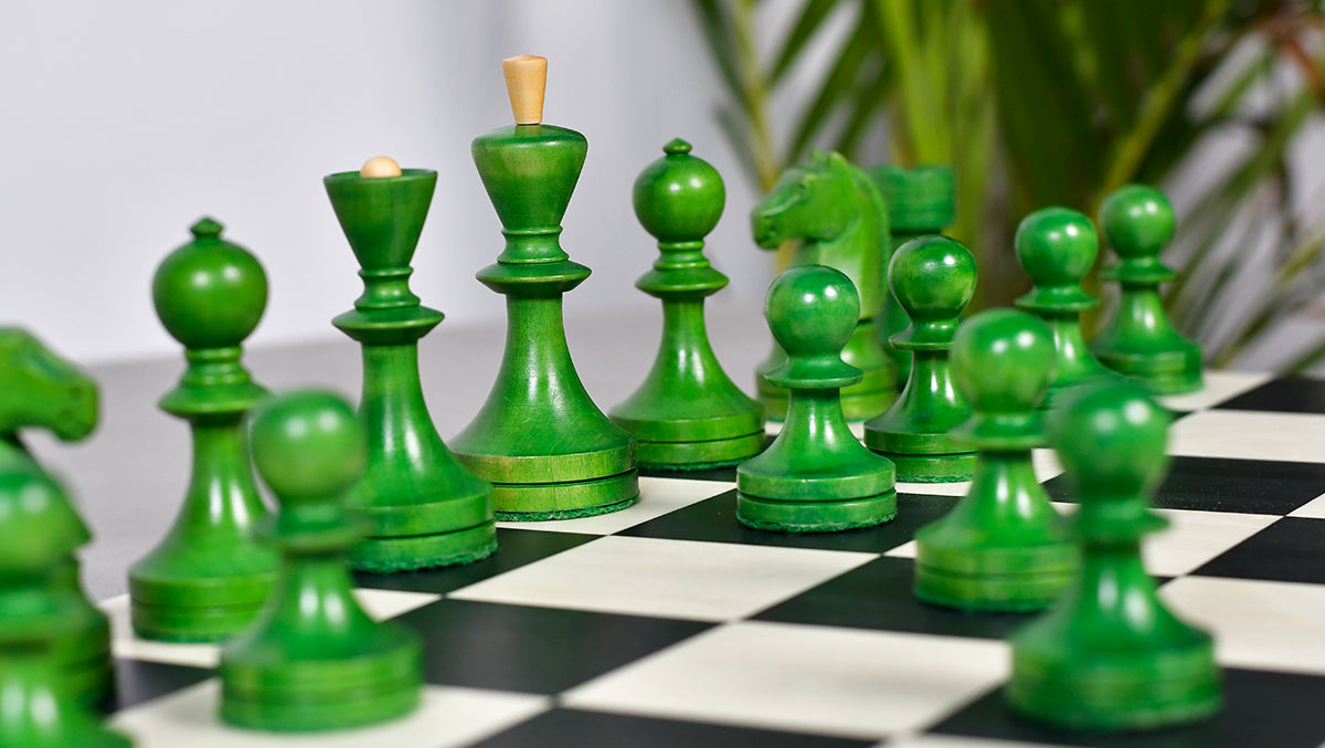 Russian (Soviet Era) Series Chess Pieces in Stained Green Ash Burl / Boxwood - 3.7" King