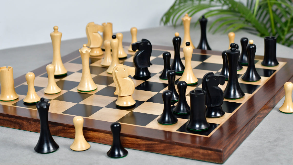 Combo Of Minimalist Soviet-Style Chess Pieces In Ebonized & Boxwood - 3.7” King With Wooden Ebony Wood / Maple Wood Chess Board