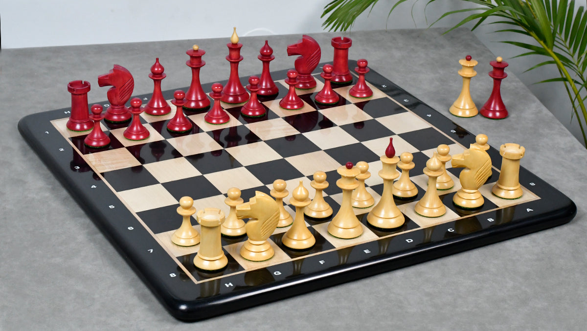 1950s' Soviet (Russian) Latvian Chess Pieces in Stained Crimson / Box Wood - 4.1" King - 1050 Grams