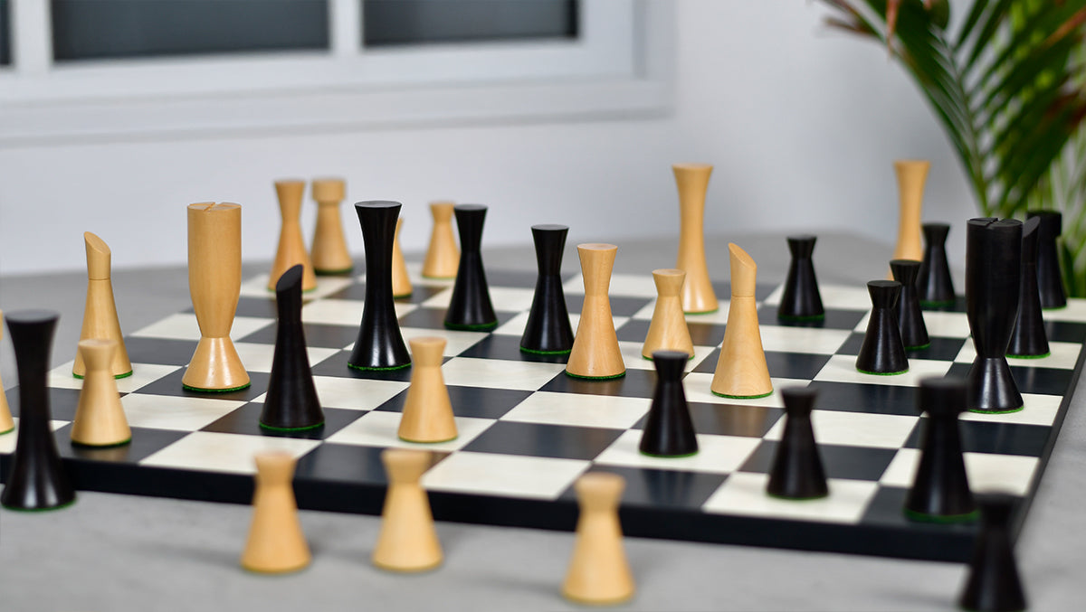 Minimalist Series Midnight Contemporary Chess Pieces in Ebonized Boxwood & Box Wood - 3.4" King