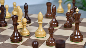 Combo Of Circa 1930s "Leningrad Schoolboy" Soviet Chess Pieces 4.2 inch King in Sheesham & Boxwood - 1530 Grams With Minimalist Walnut Maple Wooden Chess Board Matte Finish