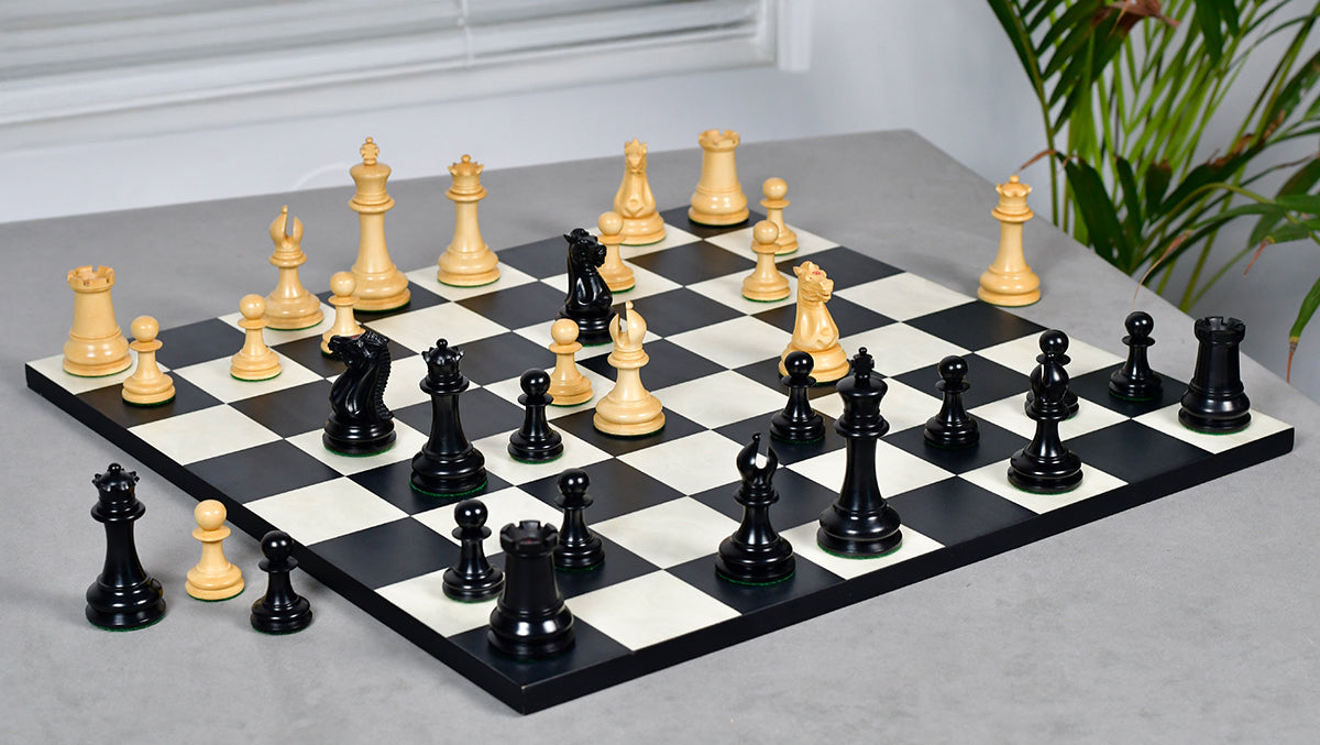 1849 Original Staunton Pattern Wooden Heavy Chess Pieces in Ebony / Boxwood with King Side Stamping - 3.75" King