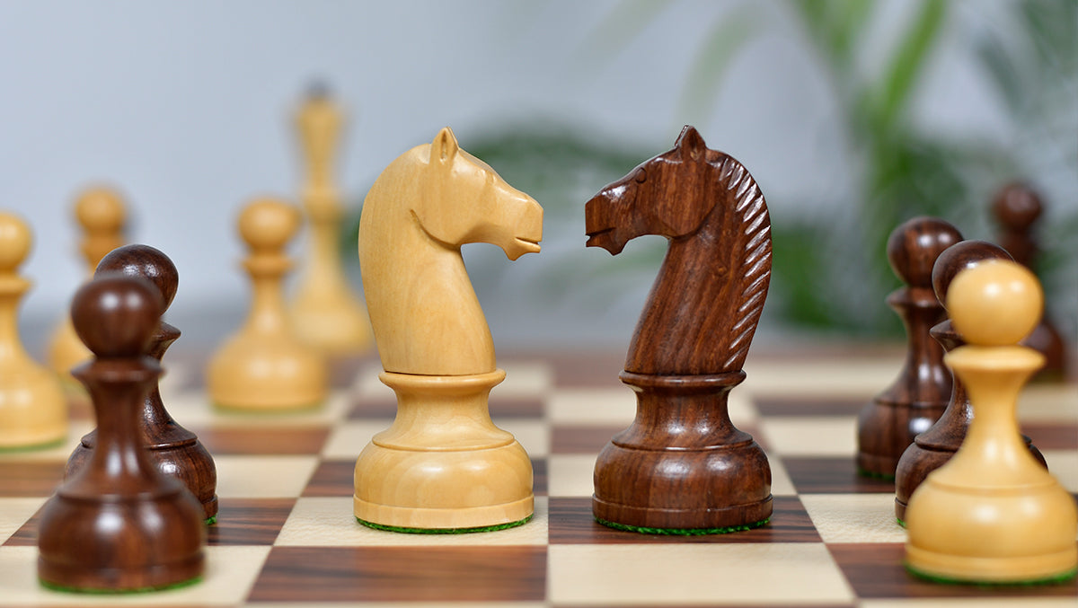The Soviet Era 1950s' Botvinnik Tournament Weighted Chess Pieces in Sheesham & Boxwood 4.4 inch King - With Santos Palisander pr & Sycamore Chess Board