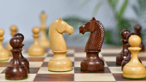 The Soviet Era 1950s' Botvinnik Tournament Weighted Chess Pieces in Sheesham & Boxwood 4.4 inch King - With Santos Palisander pr & Sycamore Chess Board