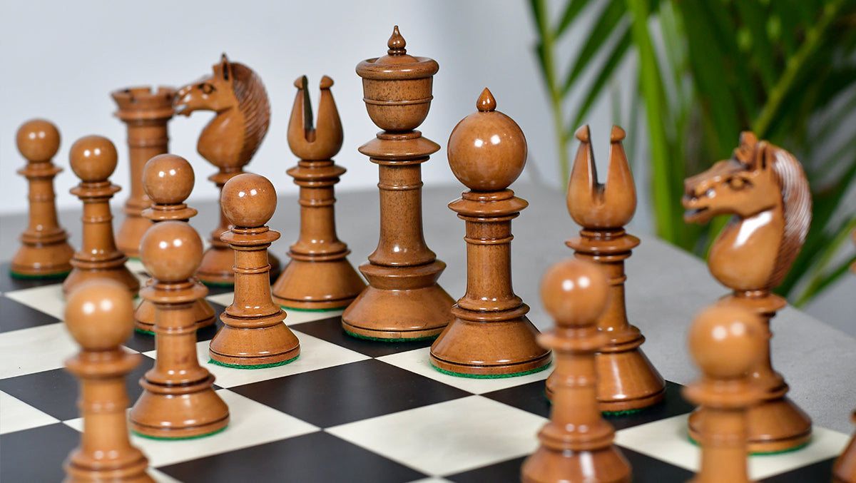 Exclusive Repro Old Antique Edinburgh Upright Chess Pieces in Distressed Boxwood and Ebonized Wood - 4.4" King with Extra Queens