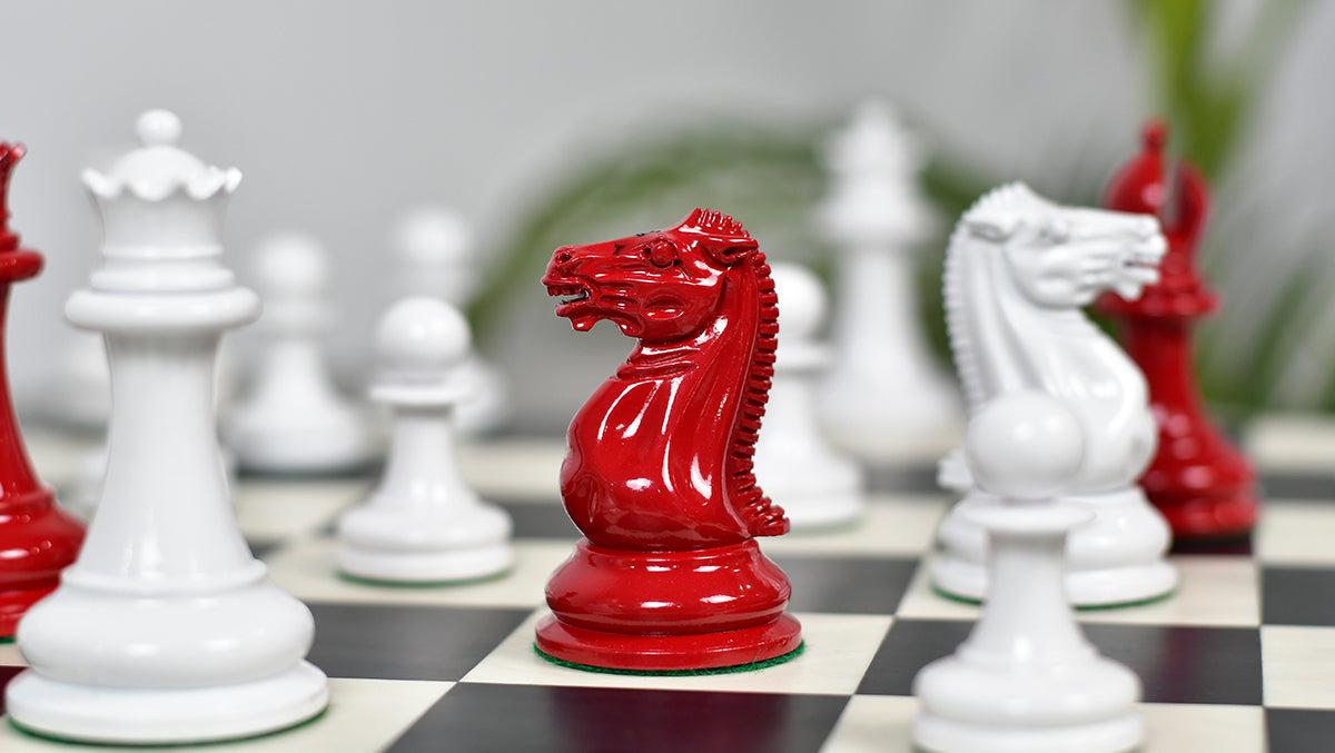 1849 Original Staunton Pattern Painted Chess Pieces (Lacquer Finished) Red Painted Crimson & Ivory White - 4.5" King