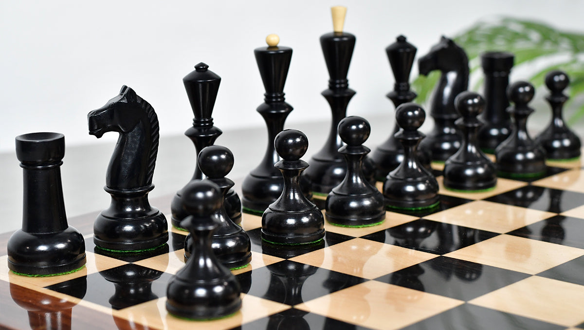 Combo Of 1950s' Botvinnik Tournament Soviet Era Chess Pieces in 4.4 inch King Ebonized Boxwood - 1480 Grams Weight With Solid Wooden Indian Chess Board in Genuine Ebony Wood & Maple Wood with Sheesham Wood Border