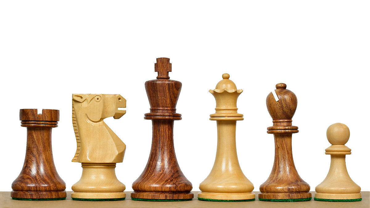 Combo Of Old Vintage English Staunton Series Chess Pieces in Sheesham & Bowood - 3.8" King With Santos Palisander pr &amp; Sycamore Chess Board