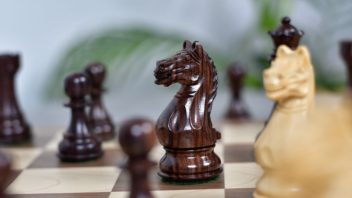 Fierce Knight (Queen's Gambit Series) Staunton Chess Pieces in Rosewood & Boxwood - 4.1" King