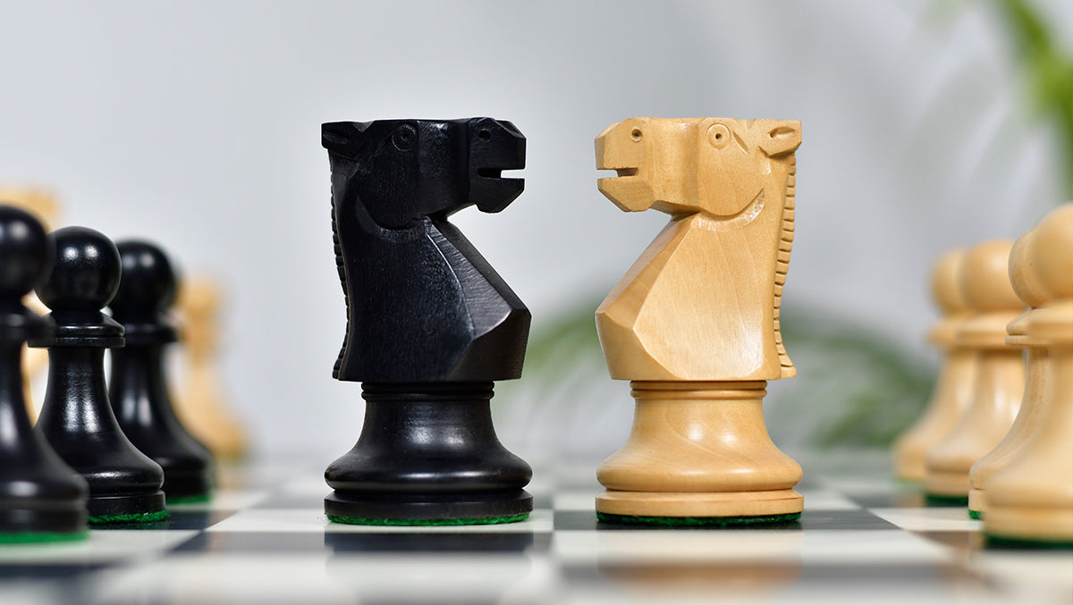 Combo Of Old Vintage English Staunton Series Chess Pieces in Ebonized Wood & Boxwood - 3.8" King With Wooden Black Anigre/ Maple Chess Board