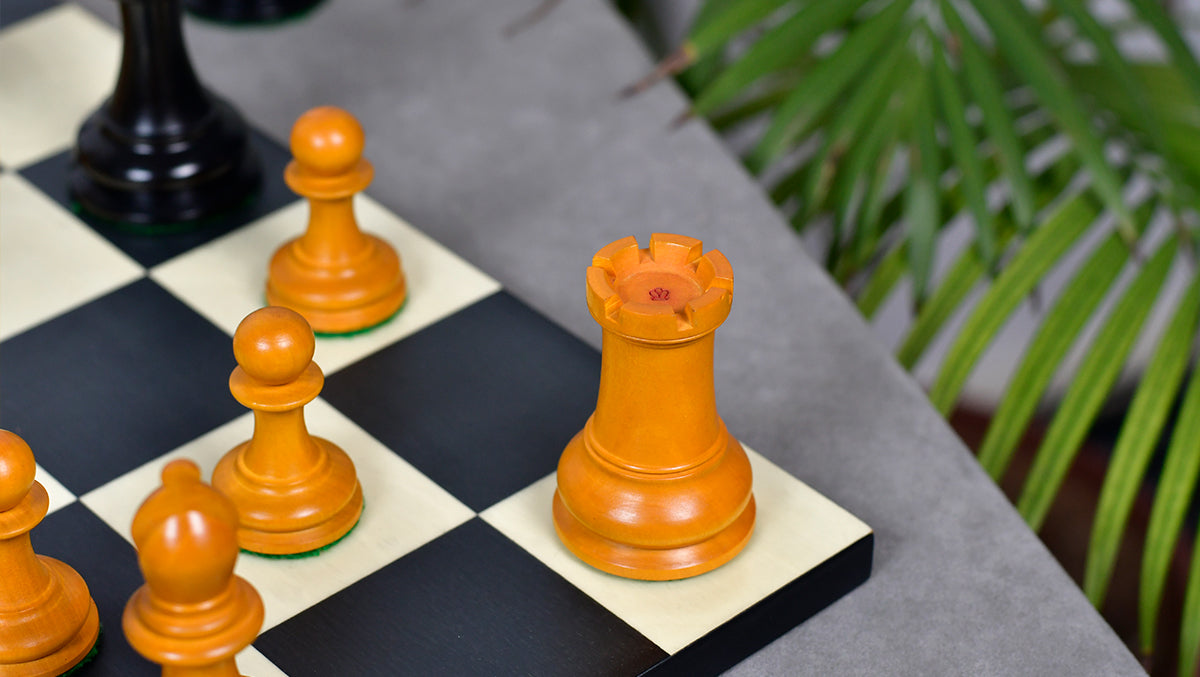 4.5" King - 1849 Original Staunton Pattern Triple Weighted Wooden Chess Pieces in Genuine Ebony & Antiqued Boxwood w/ King Side Stamping