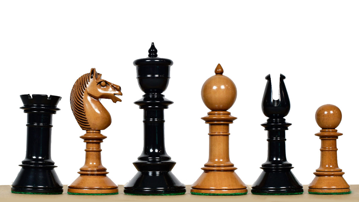 Exclusive Repro Old Antique Edinburgh Upright Chess Pieces in Distressed Boxwood and Ebonized Wood - 4.4" King with Extra Queens