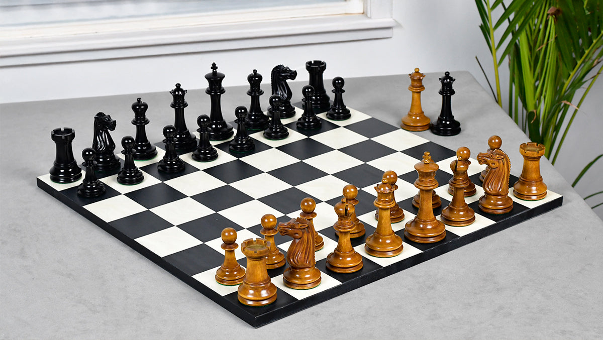Circa 1887 Turner Teich Soviet-Staunton Style Weighted 4" Chess Pieces in Ebony & Antiqued Boxwood - 1700 Grams Weight