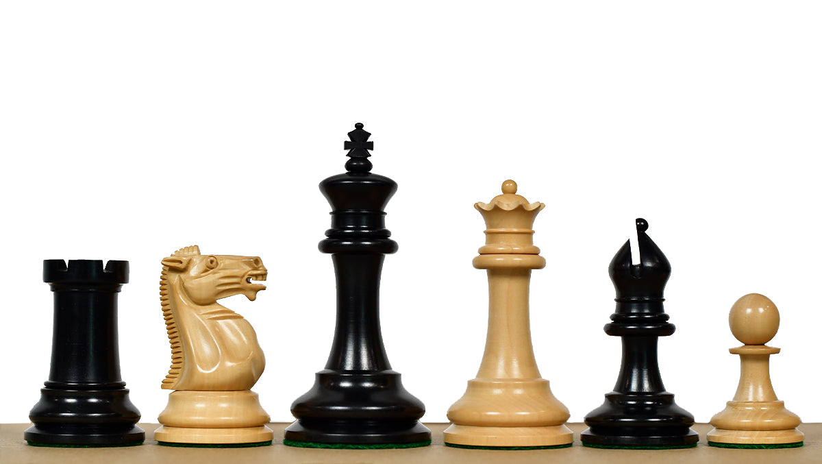 1880s-90s Circa Lasker Staunton Pattern Antique Chess Pieces in Ebony / Boxwood with King Side Stamping - 3.75" King