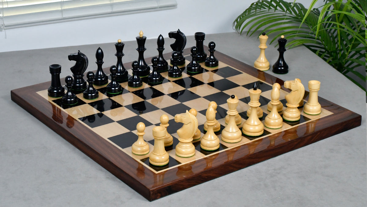 Combo Of Circa 1930s "Leningrad Schoolboy" 4.2 inch King Soviet Chess Pieces in Ebonized & Boxwood - 1530 grams With Solid Wooden Indian Chess Board in Genuine Ebony Wood & Maple Wood with Sheesham Wood Border