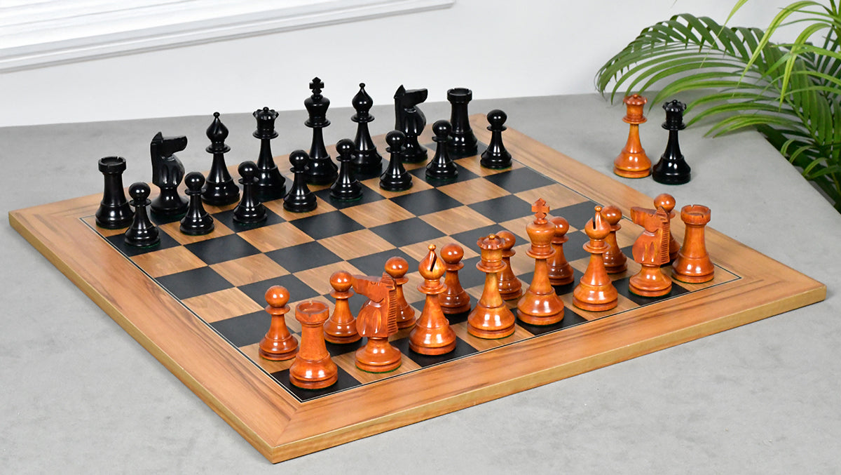 Combo Of The 1973 Philippines Repro International Tournament Chess Pieces in 4.2 Inch King Ebonized & Distressed Antique With Wooden Black Dyed Poplar Olive Chess Board