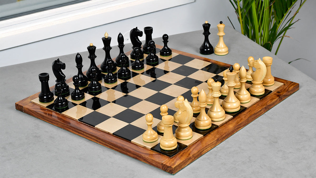 Circa 1930s "Leningrad Schoolboy" 4.2 inch King Soviet Chess Pieces in Ebonized & Boxwood - 1530 grams