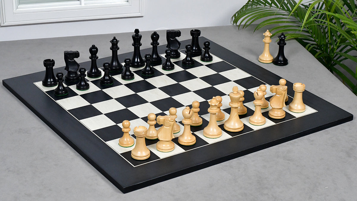 Combo Of Old Vintage English Staunton Series Chess Pieces in Ebonized Wood & Boxwood - 3.8" King With Wooden Black Anigre/ Maple Chess Board