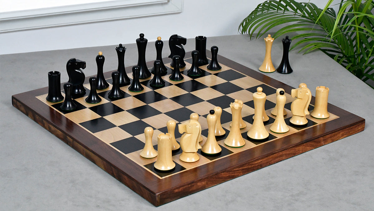 Combo Of Minimalist Soviet-Style Chess Pieces In Ebonized & Boxwood - 3.7” King With Wooden Ebony Wood / Maple Wood Chess Board
