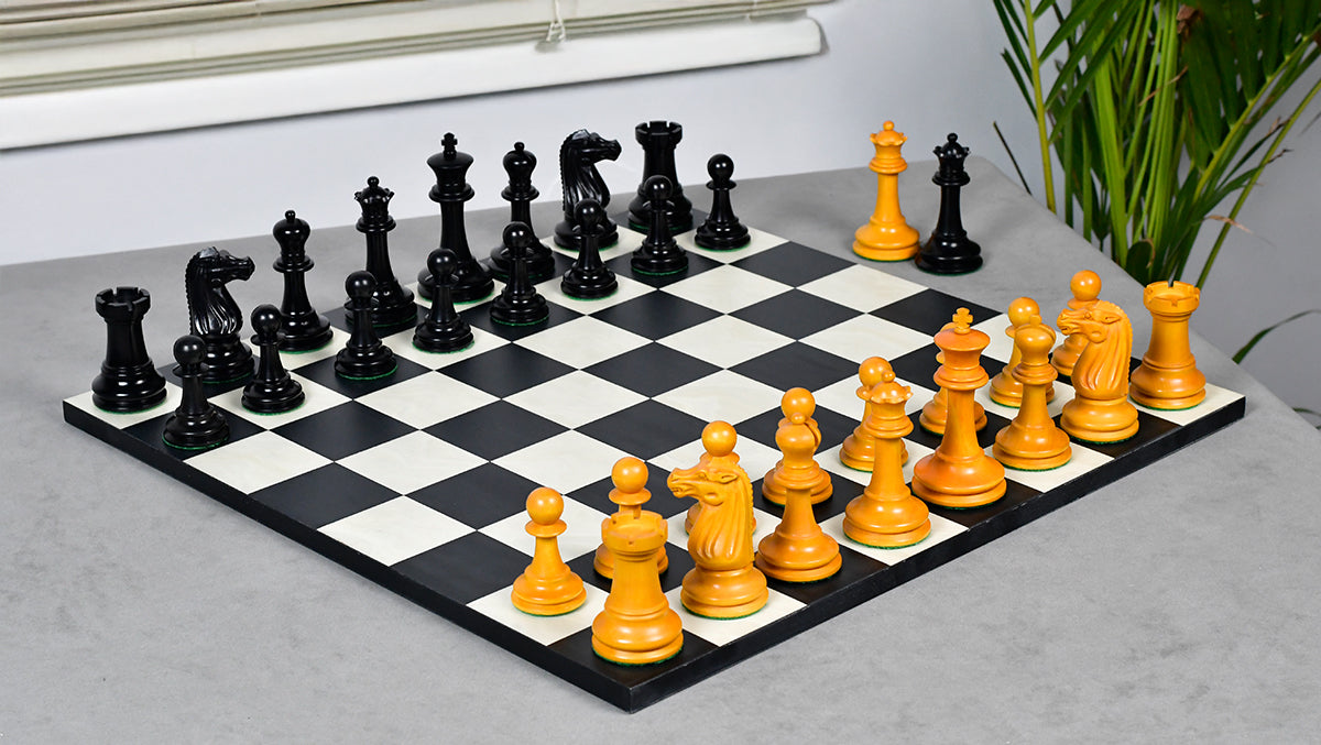 Circa 1887 Turner Teich Soviet-Staunton Style Weighted 4" Chess Pieces in Ebony & Golden Antique Boxwood - 1700 Grams Weight