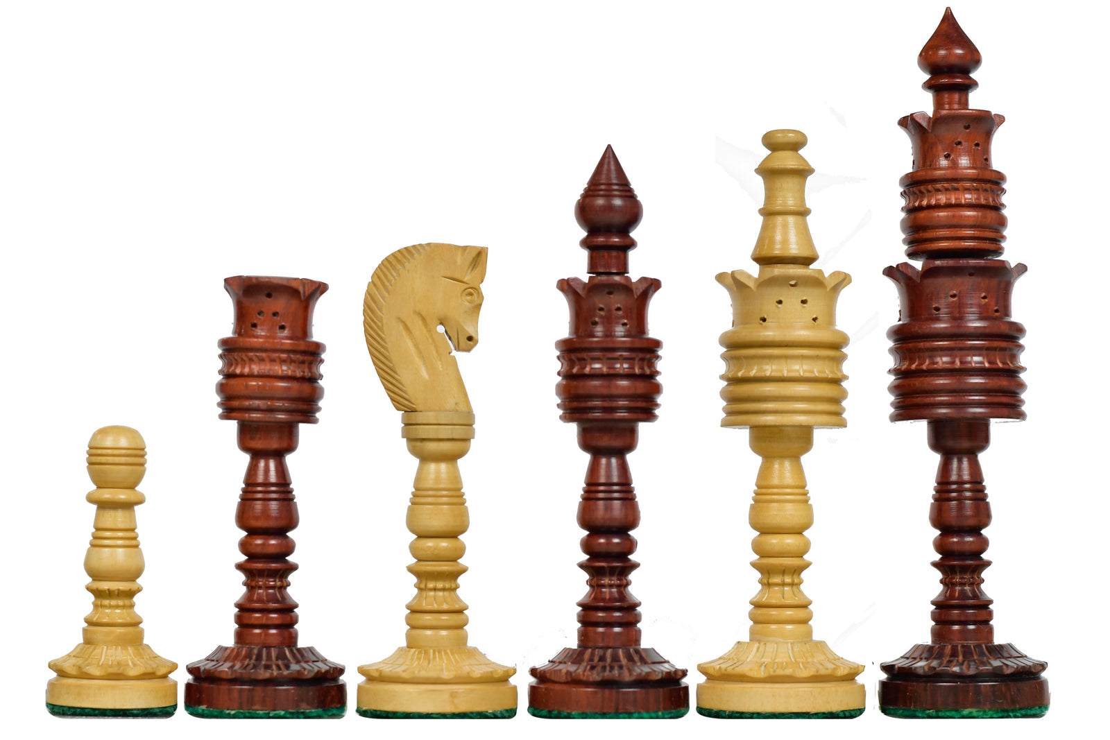Lotus Series Blood Red Pipe Shaped Chess Pieces in Bud Rose & Box Wood - 6.14" King