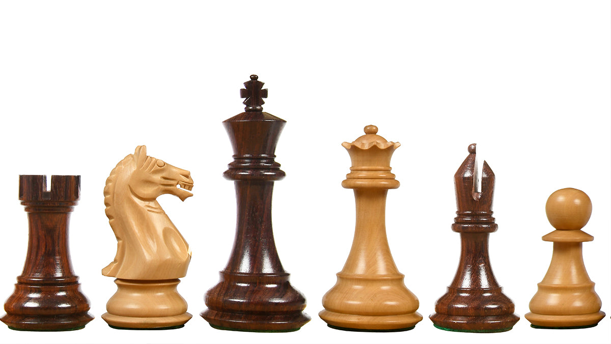 Fierce Knight (Queen's Gambit Series) Staunton Chess Pieces in Rosewood & Boxwood - 4.1" King
